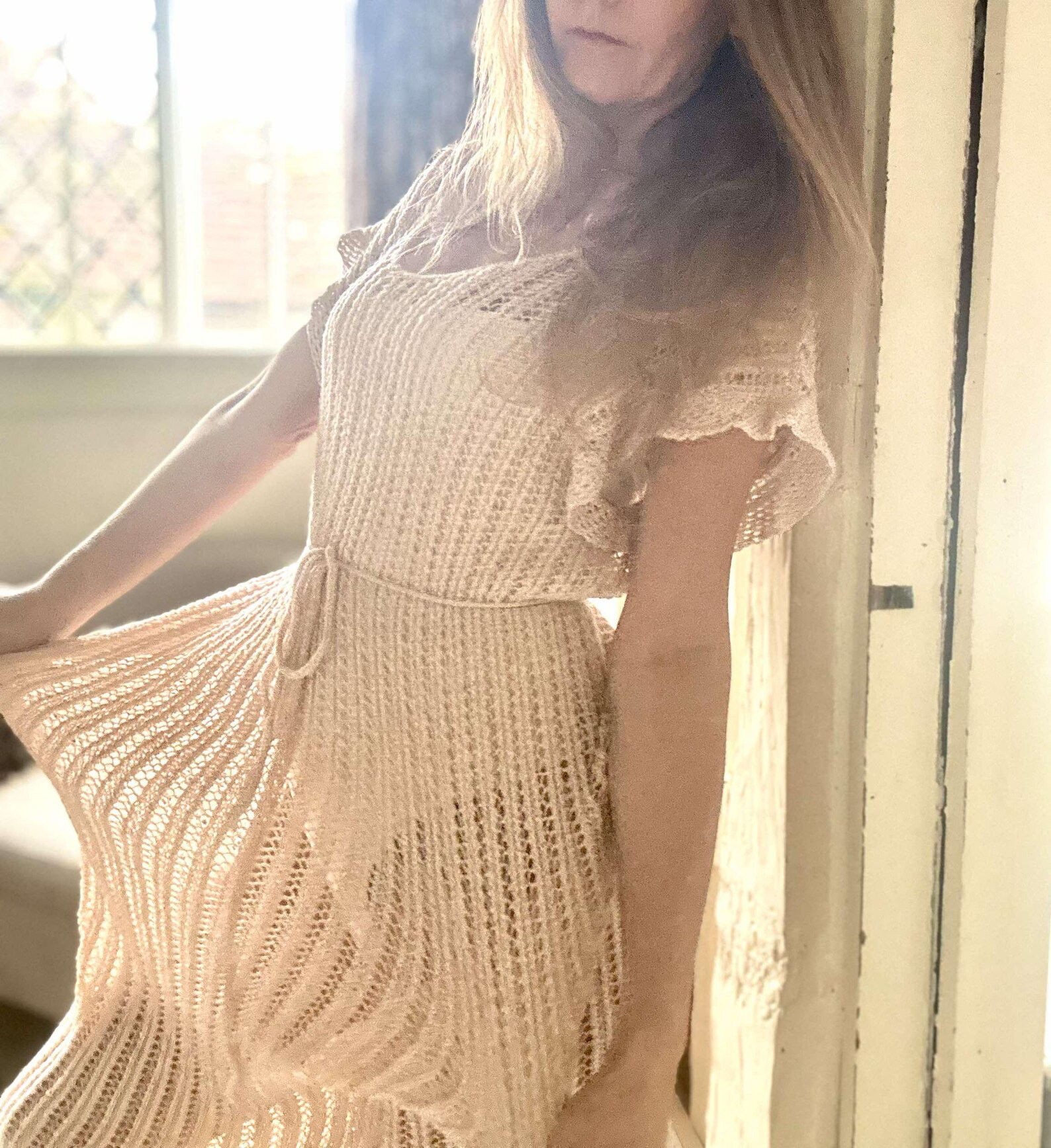 Handmade Long Lace hand knitted dress - Cashmere Merino blend, Sheer Boho, Beachwear, Limited edition size XS-M