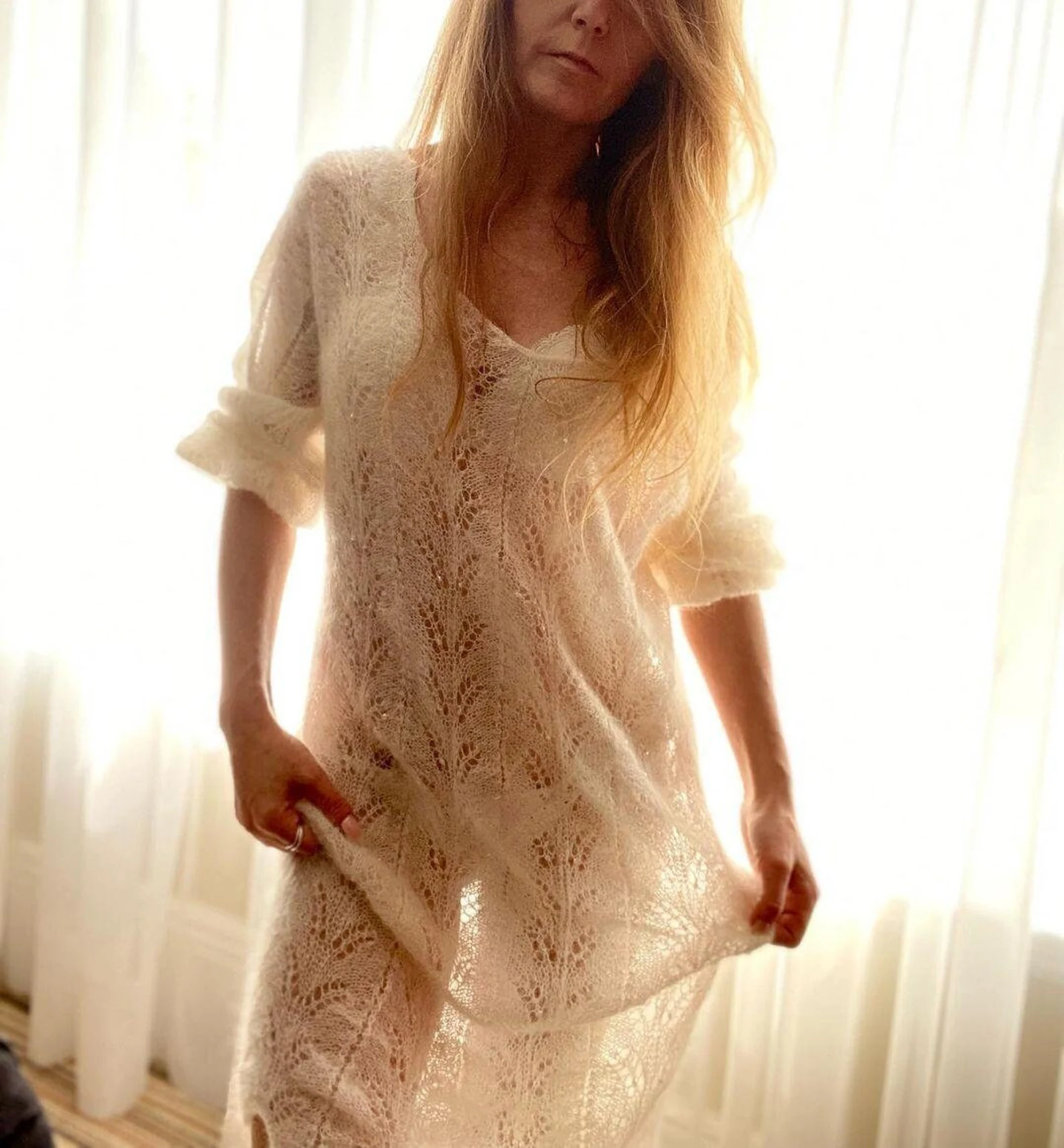 Handmade mohair and silk midi dress: sheer boho-style knitted wedding cover-up