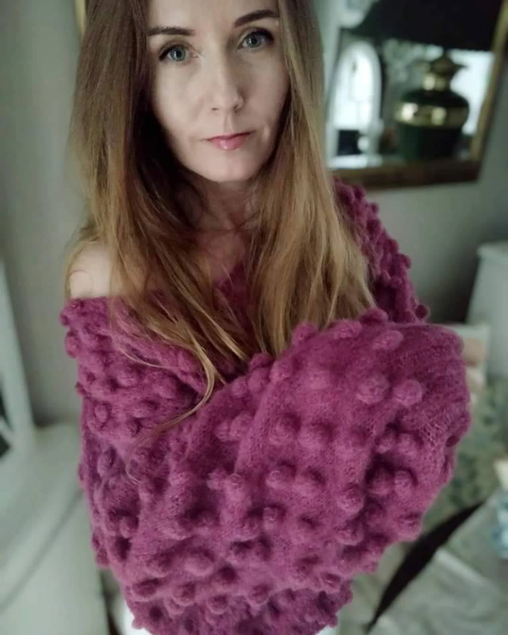 Lightweight, oversized women's alpaca sweater; cozy, winter-ready, raspberry pink, handmade, luxurious—a perfect gift for layering.