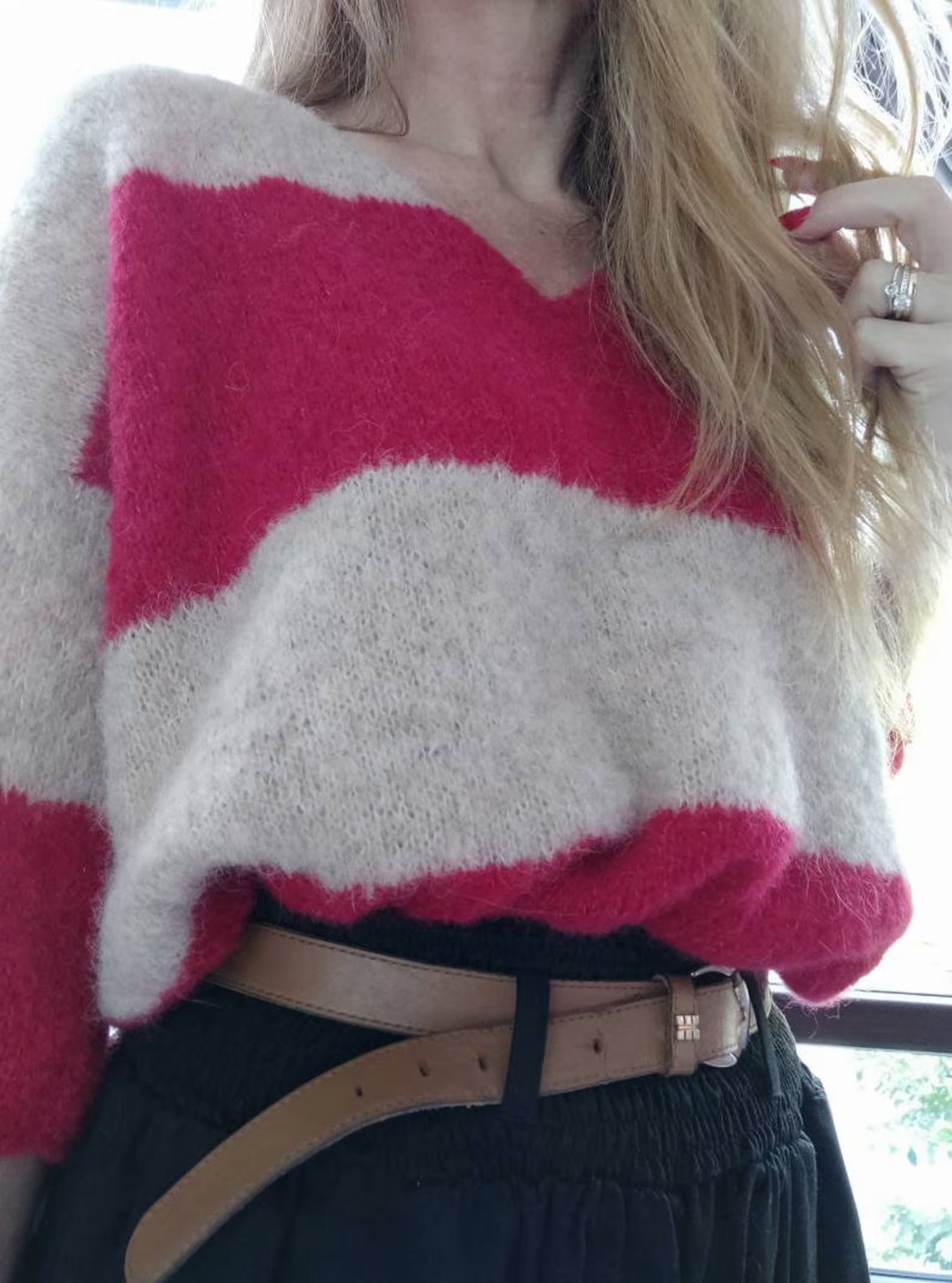 Hand-knitted alpaca and silk sweater: striped V-neck top, size S/M