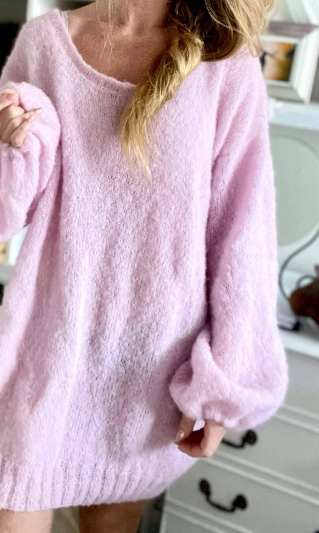 Alpaca Silk Mini Sweater Dress Hand-Knit Oversized Off-Shoulder Puff Sleeve for Women Cozy Holiday Outfit & Gift, Low-Itch Luxury