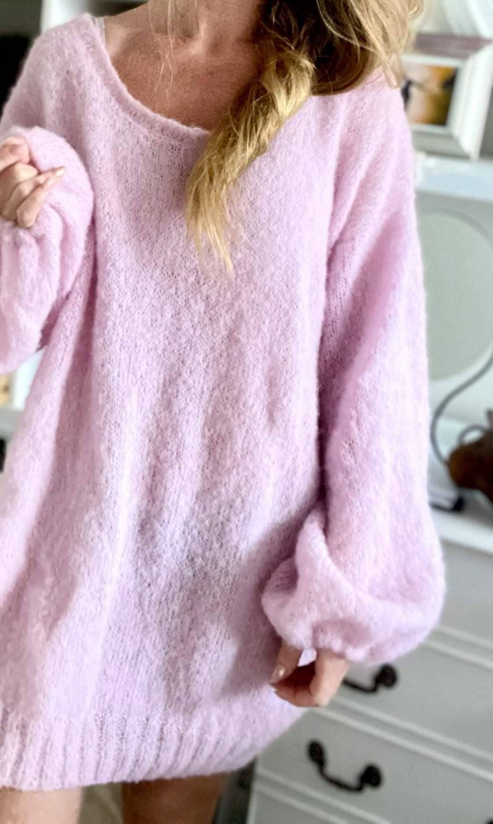 Alpaca Silk Mini Sweater Dress Hand-Knit Oversized Off-Shoulder Puff Sleeve for Women Cozy Holiday Outfit & Gift, Low-Itch Luxury