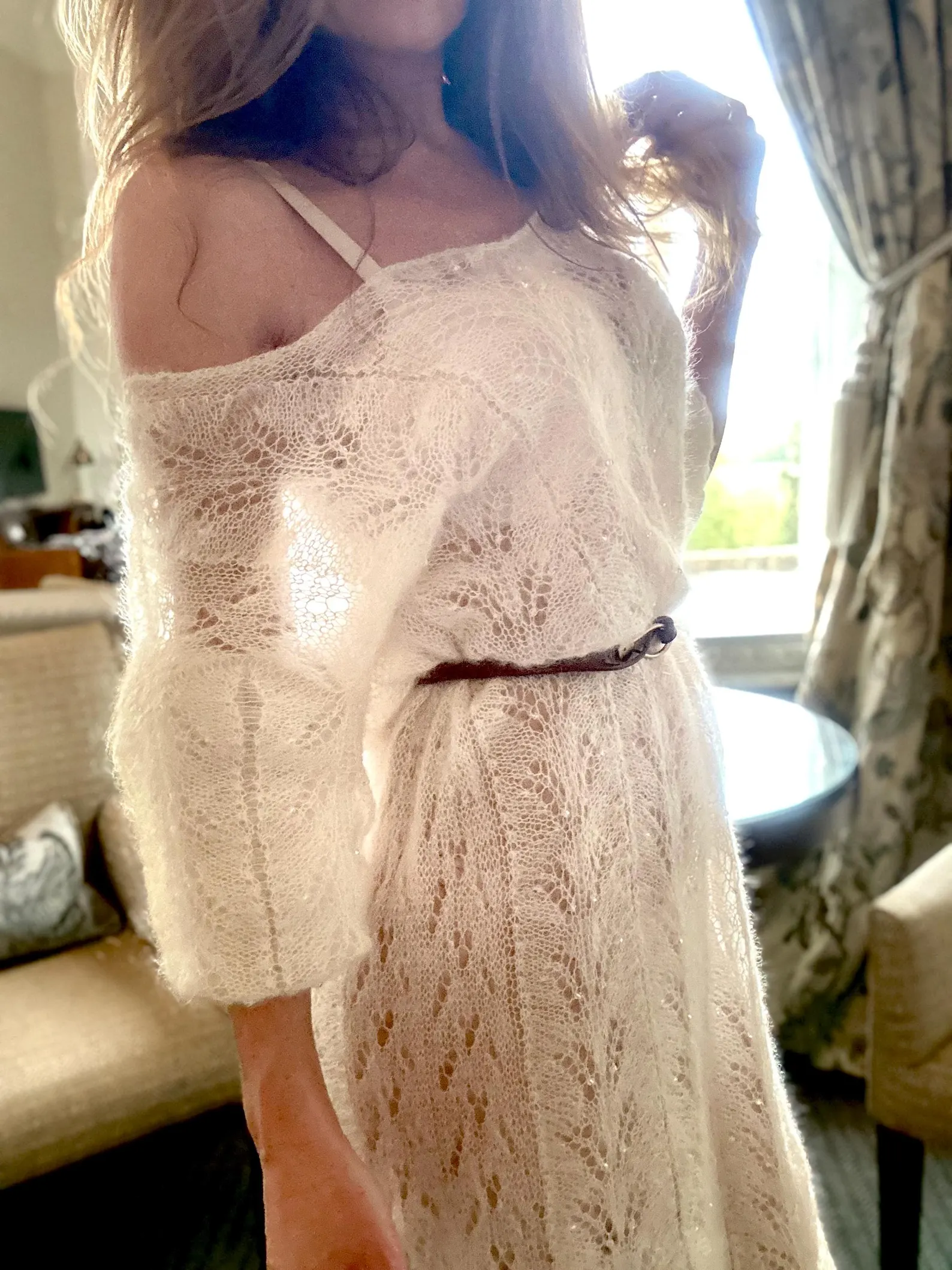 Handmade mohair and silk midi dress: sheer boho-style knitted wedding cover-up