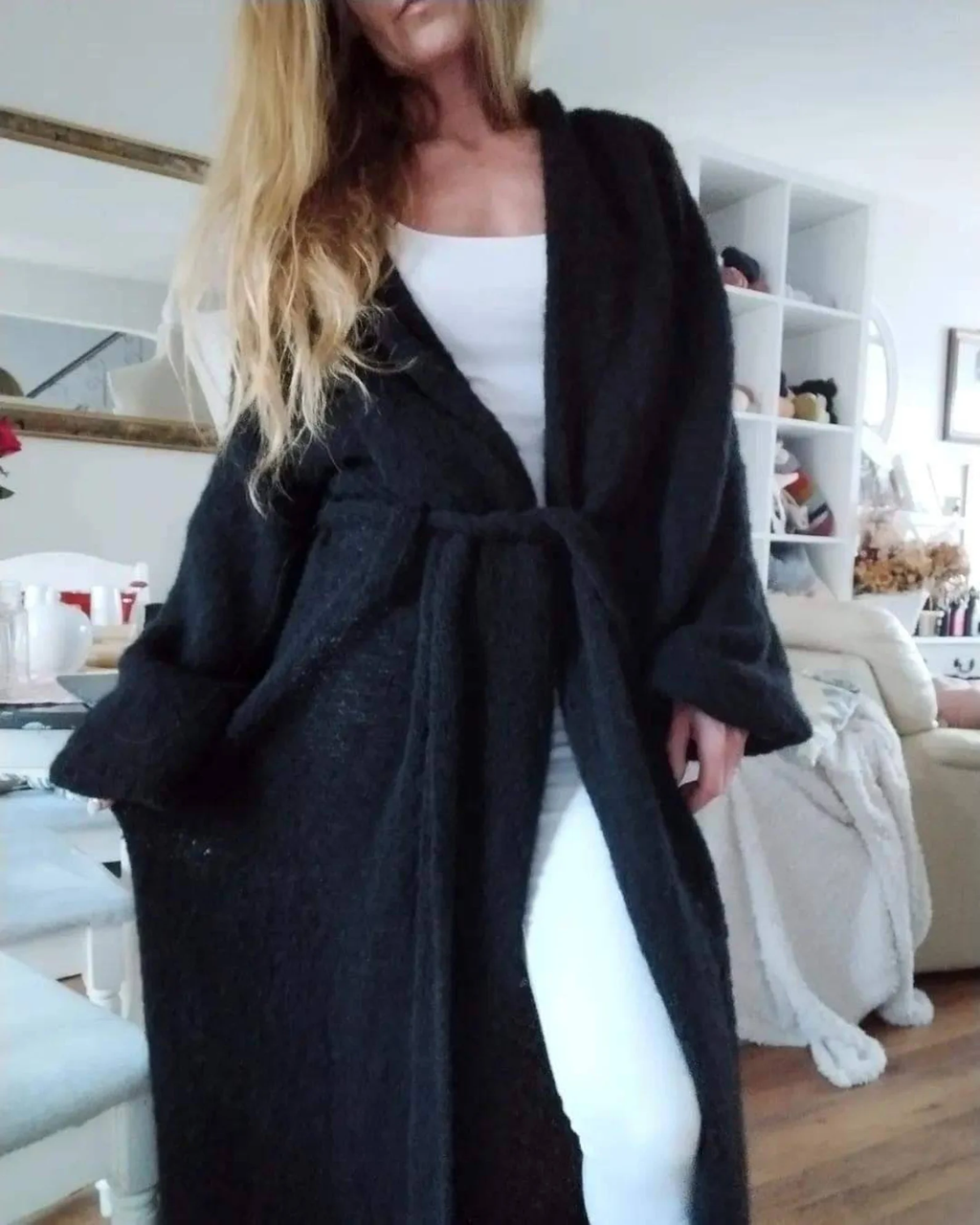 Hand-knitted alpaca and silk cardigan: voluminous, puffed sleeves