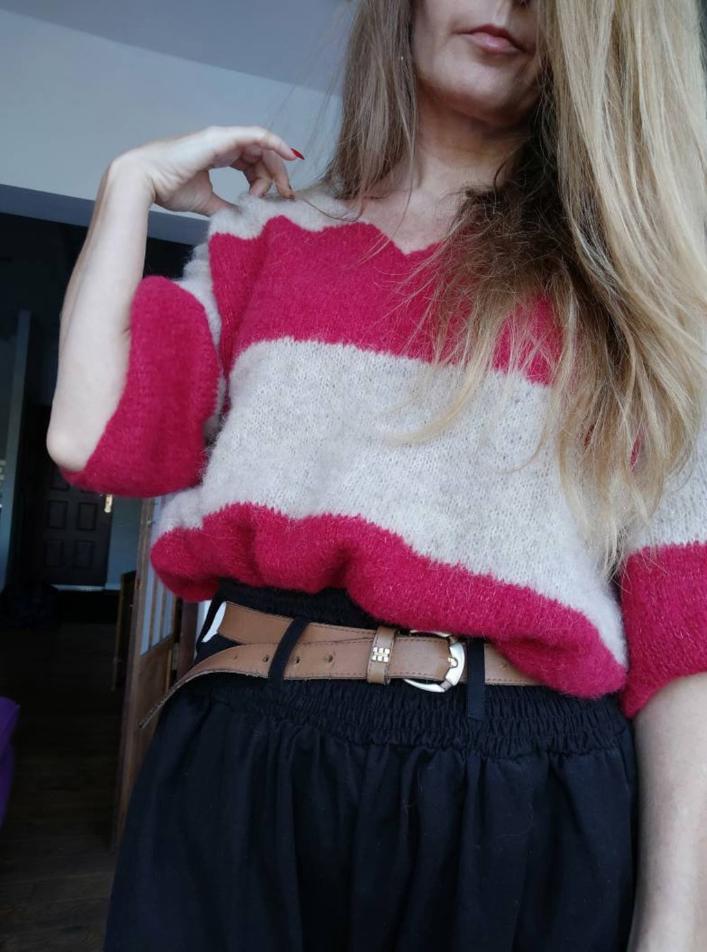 Hand-knitted alpaca and silk sweater: striped V-neck top, size S/M