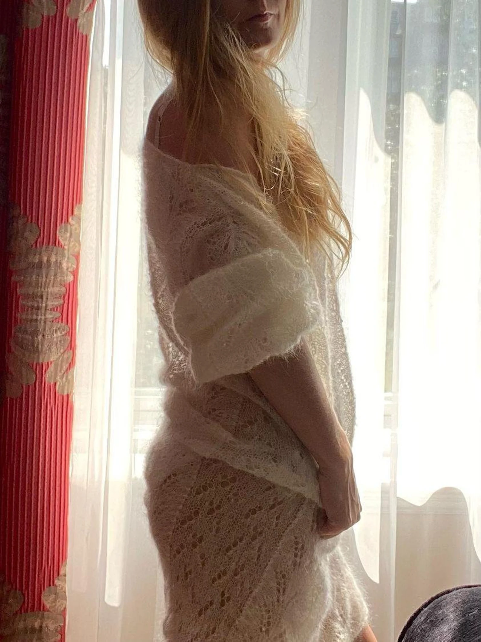 Handmade mohair and silk midi dress: sheer boho-style knitted wedding cover-up