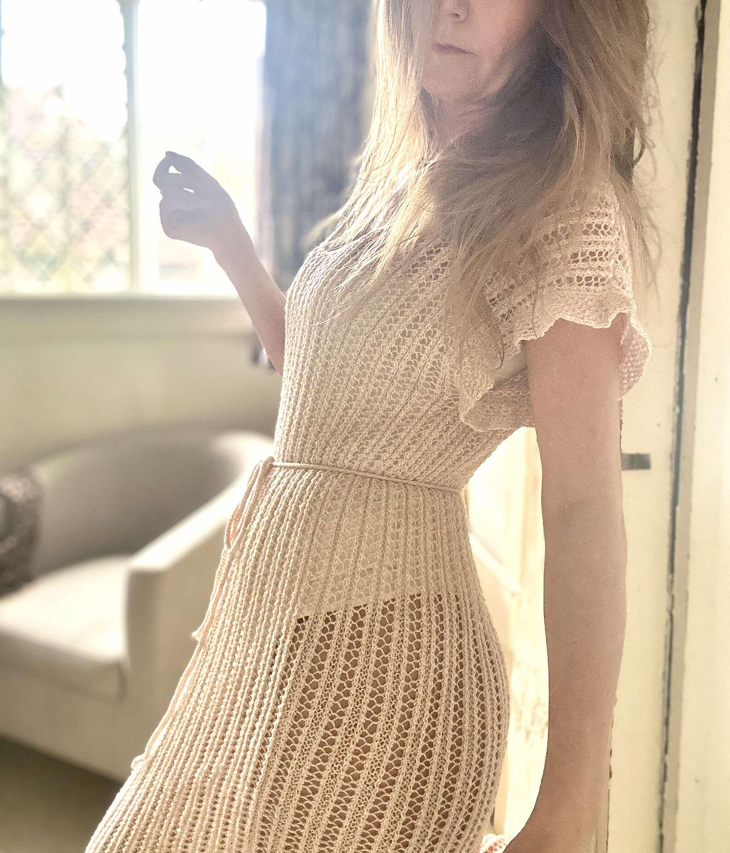 Handmade Long Lace hand knitted dress - Cashmere Merino blend, Sheer Boho, Beachwear, Limited edition size XS-M