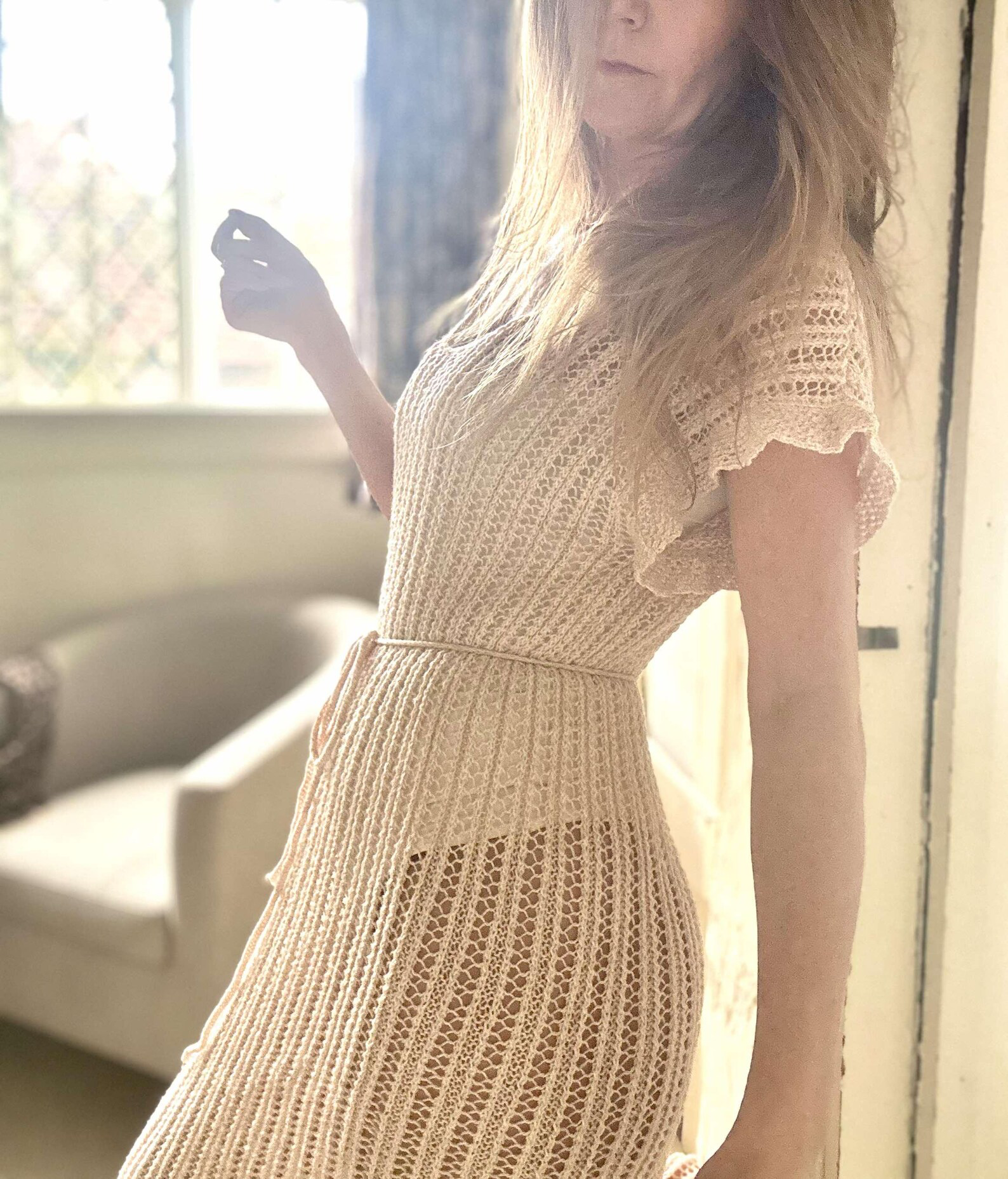 Handmade Long Lace hand knitted dress - Cashmere Merino blend, Sheer Boho, Beachwear, Limited edition size XS-M