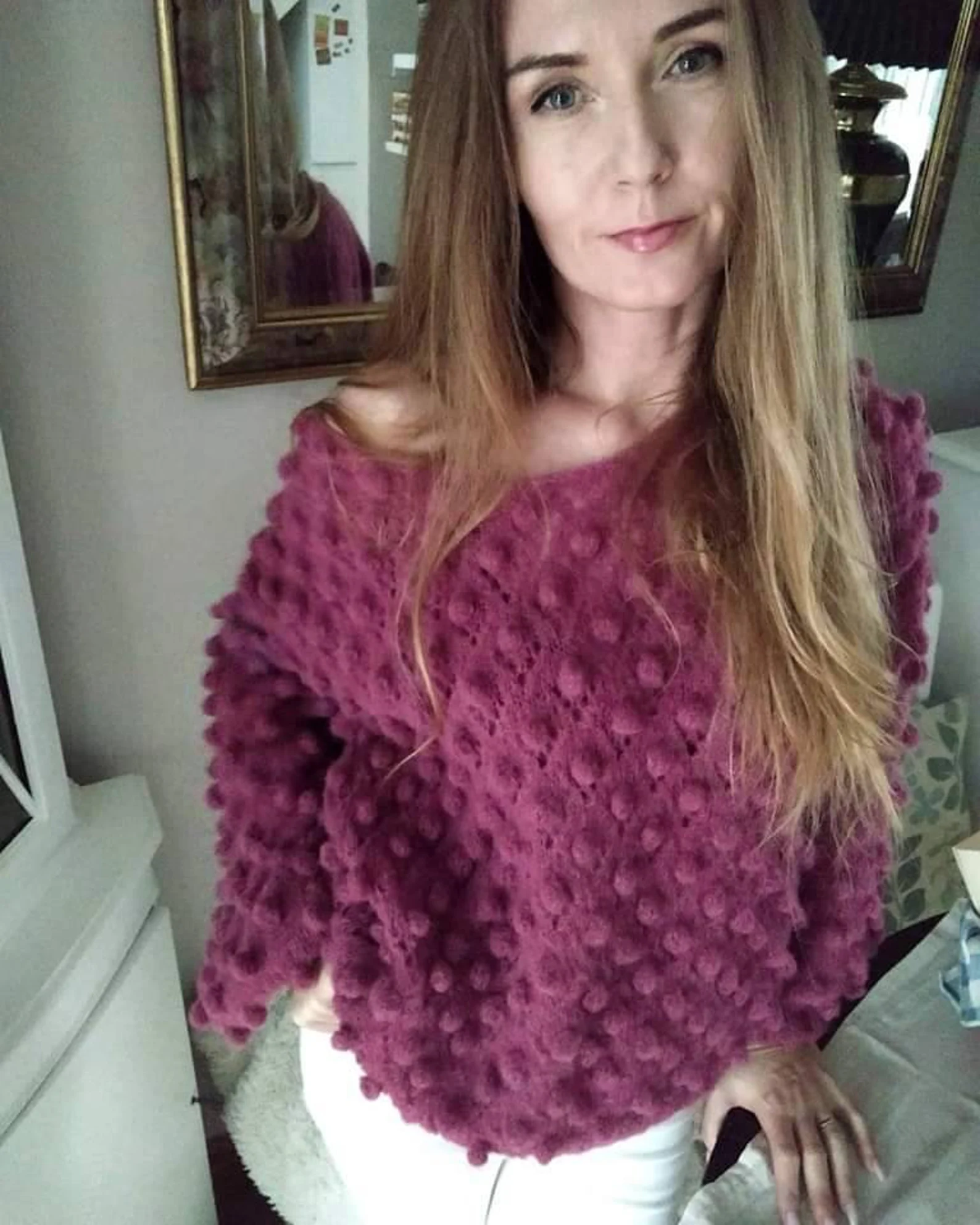 Lightweight, oversized women's alpaca sweater; cozy, winter-ready, raspberry pink, handmade, luxurious—a perfect gift for layering.