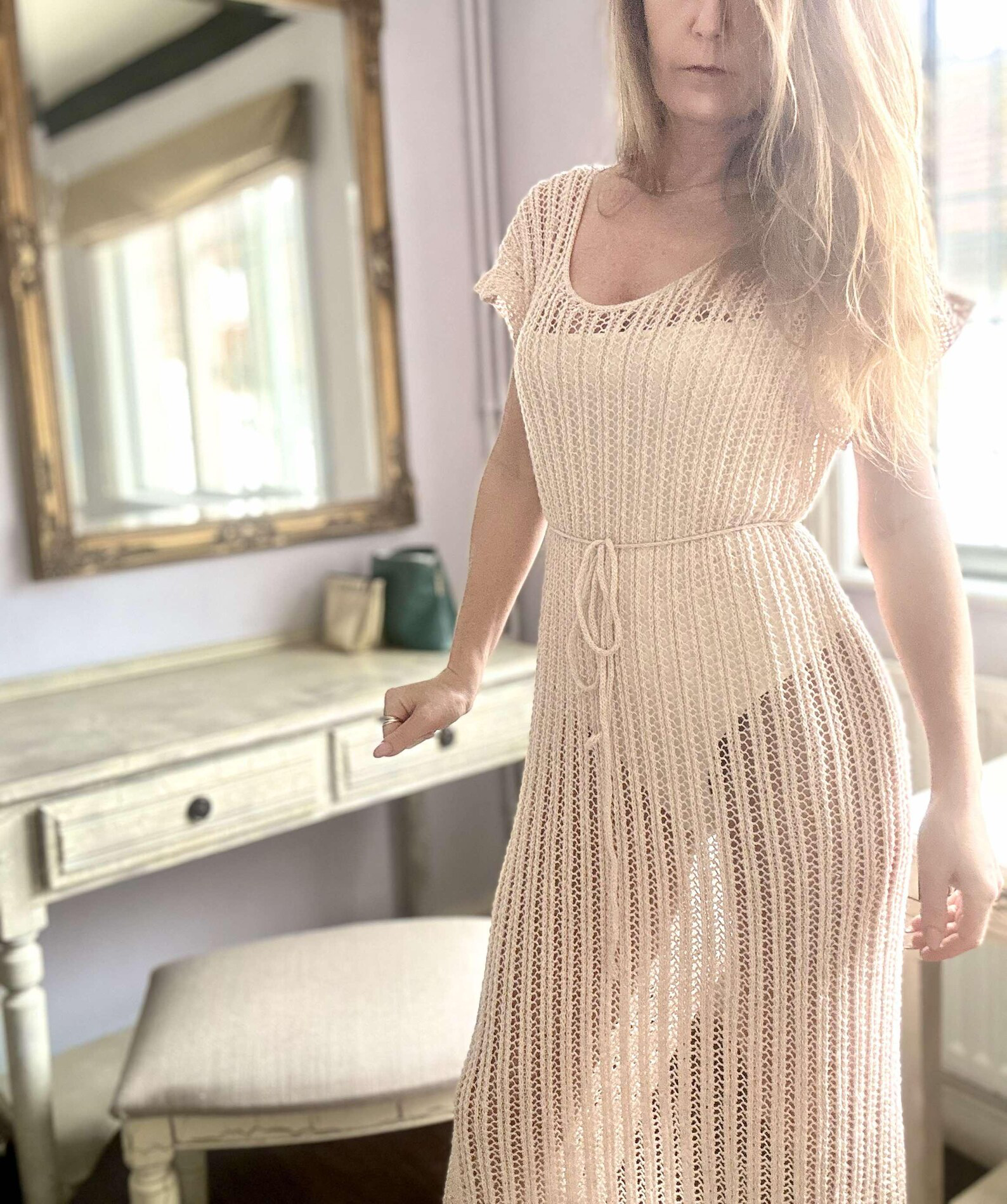 Handmade Long Lace hand knitted dress - Cashmere Merino blend, Sheer Boho, Beachwear, Limited edition size XS-M