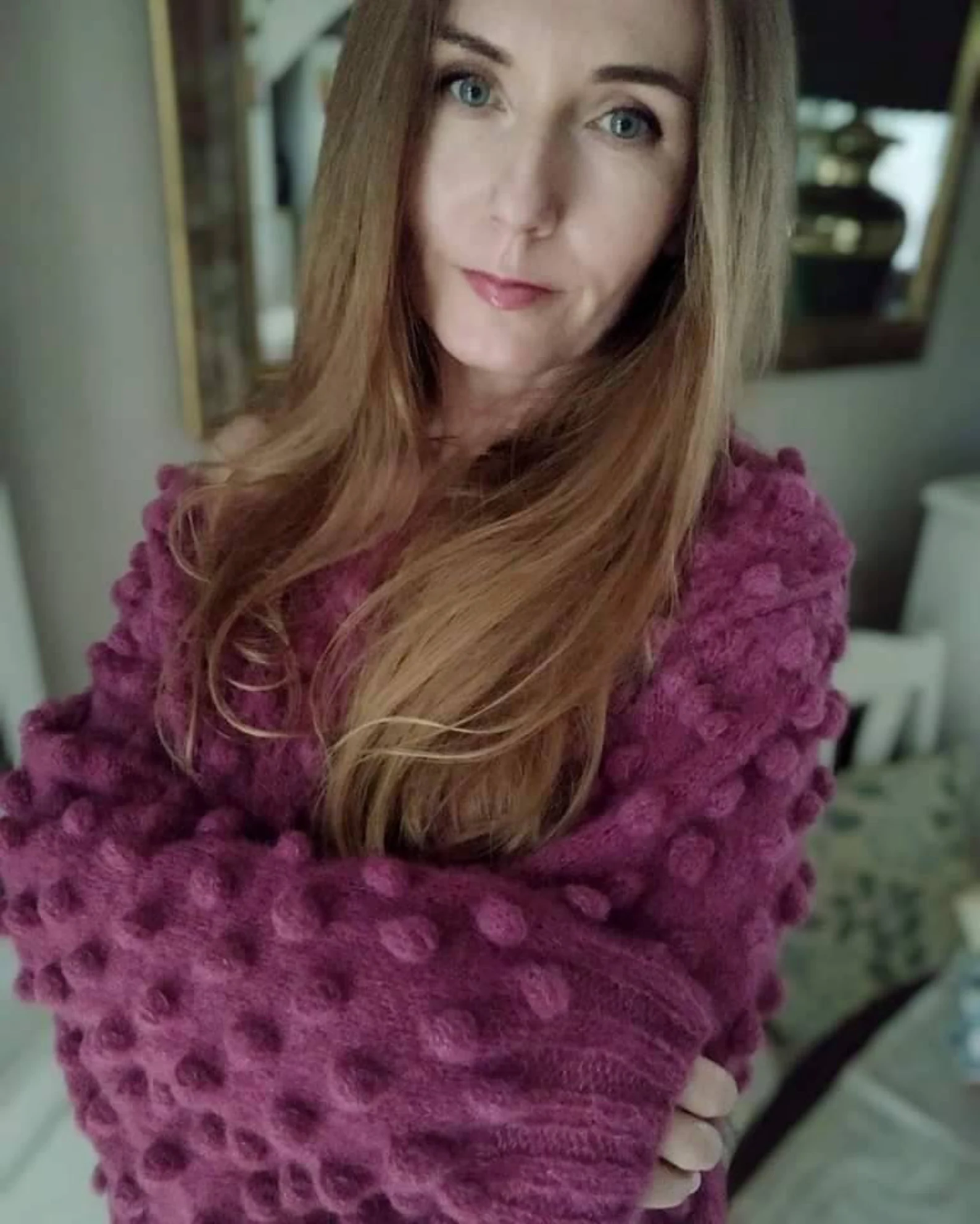 Lightweight, oversized women's alpaca sweater; cozy, winter-ready, raspberry pink, handmade, luxurious—a perfect gift for layering.