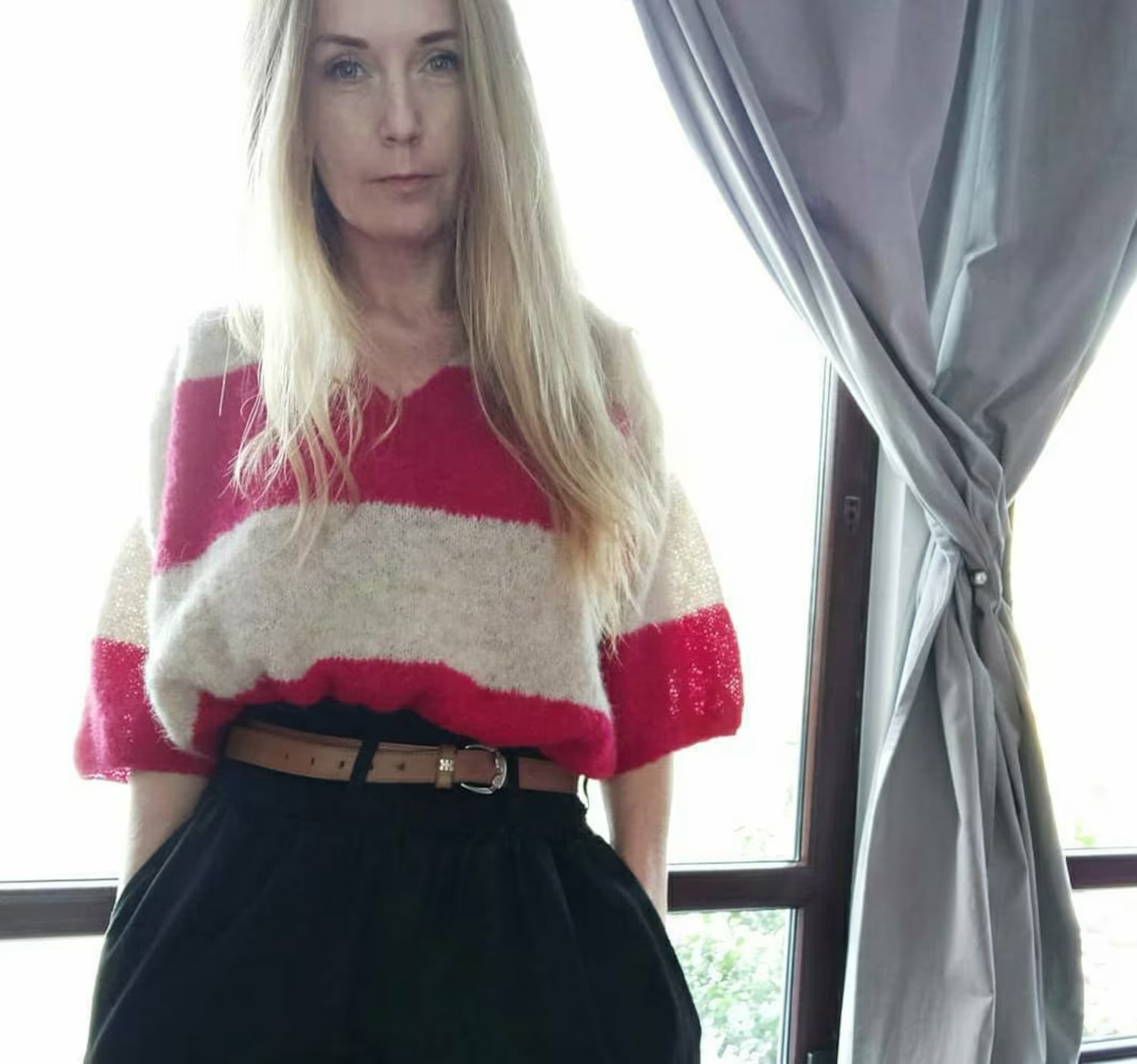 Hand-knitted alpaca and silk sweater: striped V-neck top, size S/M