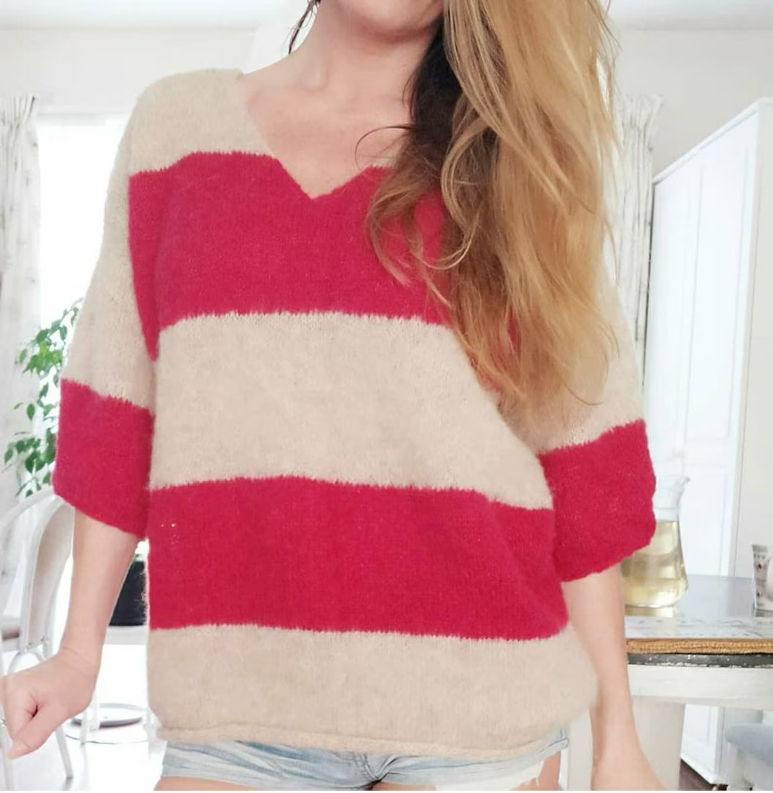 Hand-knitted alpaca and silk sweater: striped V-neck top, size S/M