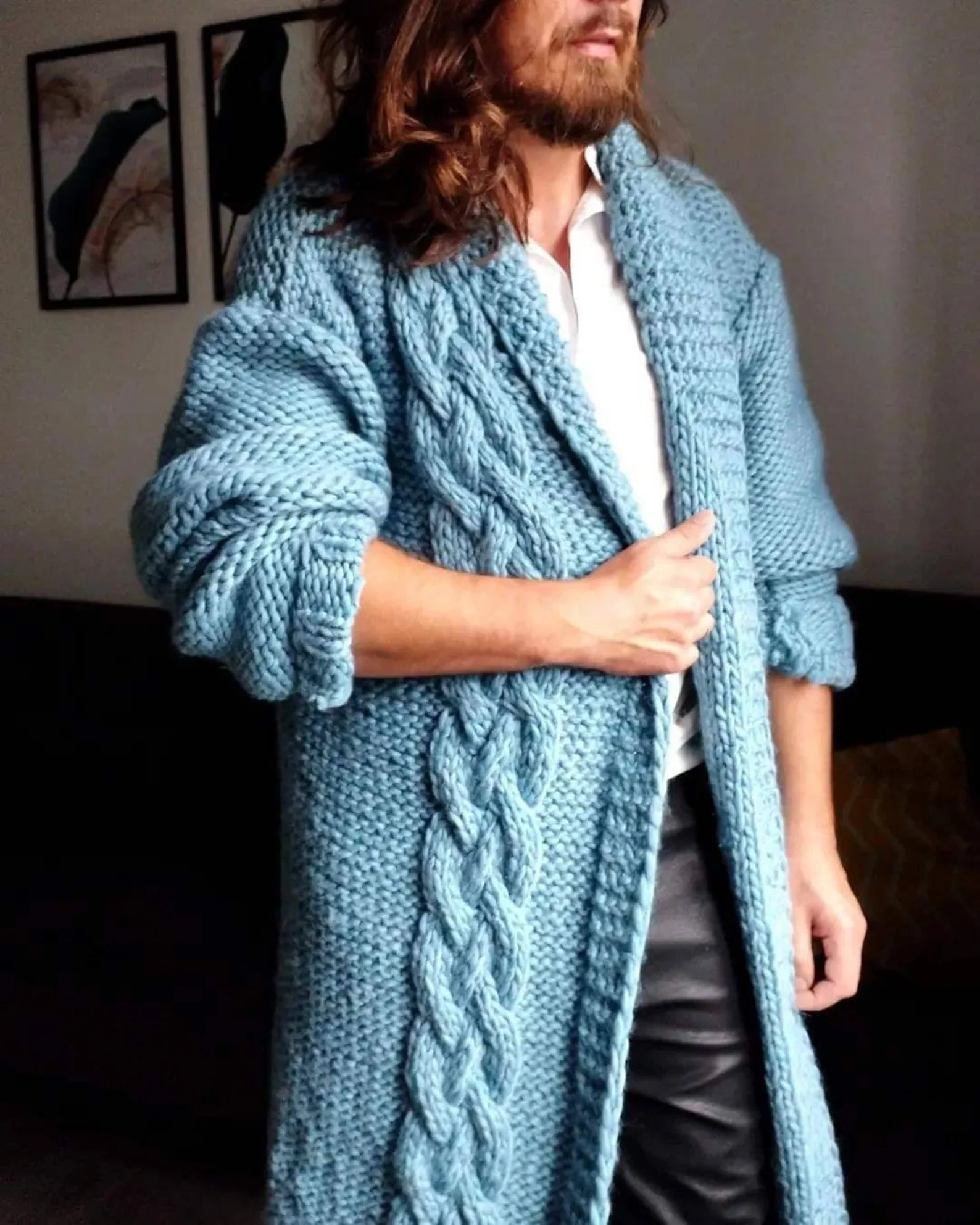 Chunky Cable Knit Cardigan Handmade Alpaca & Virgin Wool Oversized Women’s Holiday Gift Cozy Layer Custom Size Blanket Style Soft Low-Itch